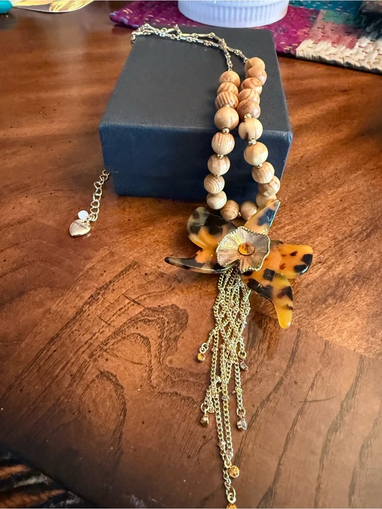 Betsey Johnson Jewelry - Betsy Johnson Wood Bead Necklace with Tortoiseshell Flower Pendant - Gold Accent